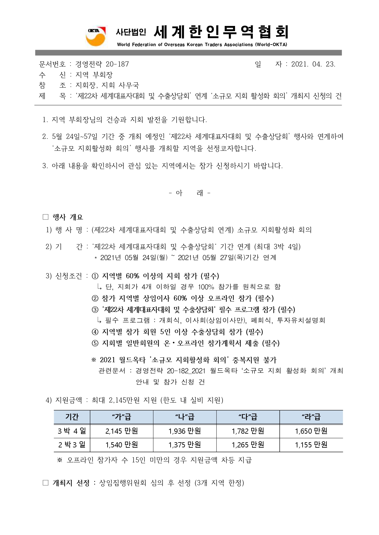 경영전략 20-187 ‘제22차 세계대표자대회 및 수출상담회’ 연계 ‘소규모 지회 활성화 회의’ 개최지 신청의 건_page-0001.jpg 이미지입니다.